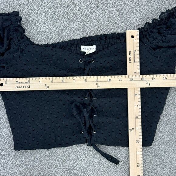 Aeropostale Clip Dot‎ Lace Up Off The Shoulder Crop Top Black Medium Sheer - Picture 13 of 14